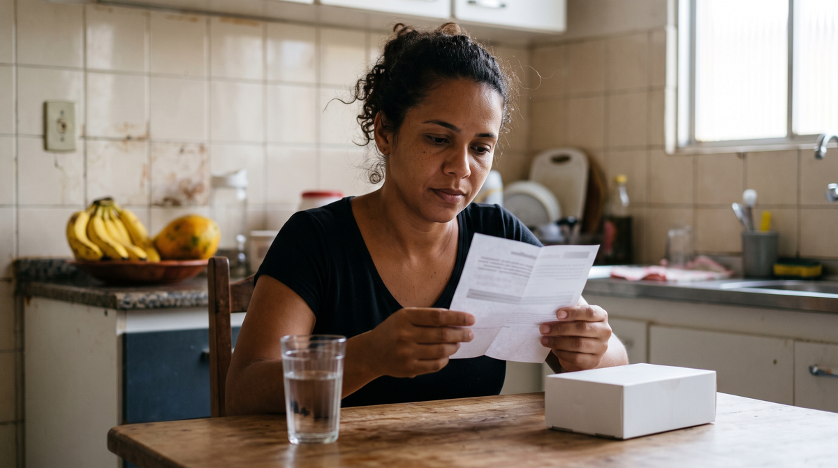 Mulher lê a bula na mesa da cozinha para entender para que serve o albendazol e qual a dose certa