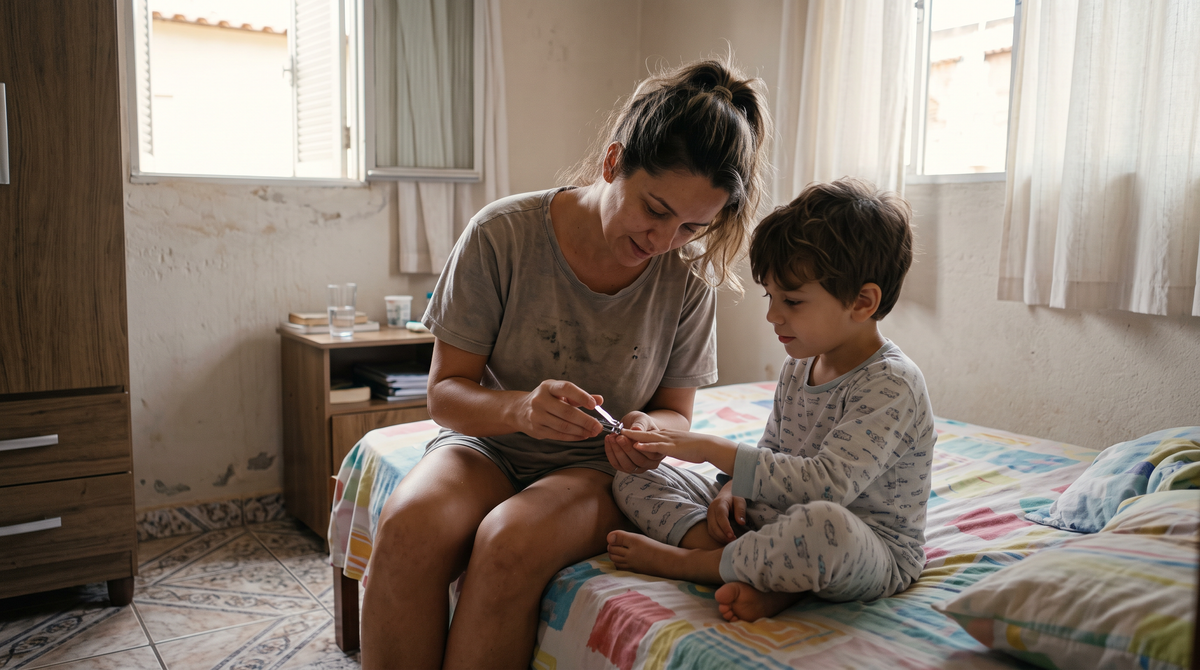 Mãe corta as unhas do filho de pijama no quarto, cuidado simples contra os oxiúros e a coceira noturna
