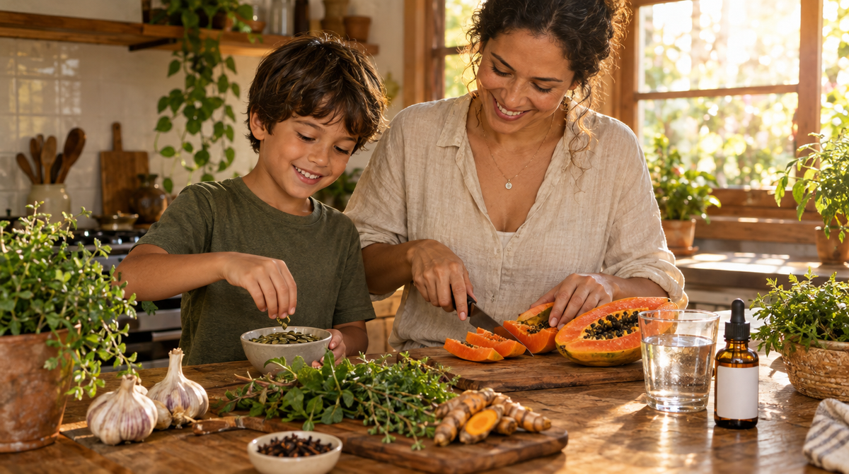 Mãe e filho na cozinha preparando alimentos e ervas para a desparasitação natural da família