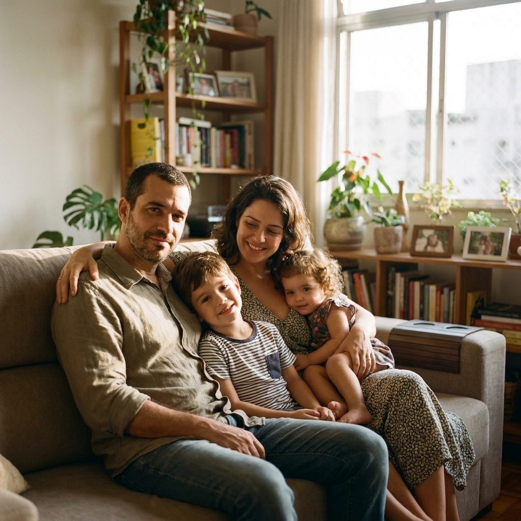 Pai, mãe e dois filhos abraçados no sofá