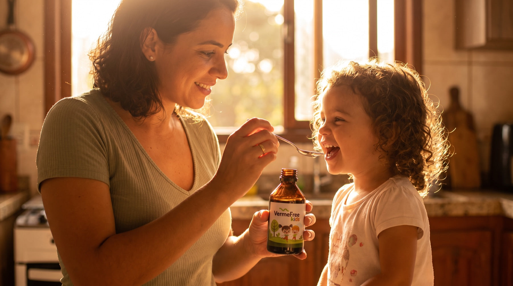 Mãe dando VermeFree Kids para a filha sorridente